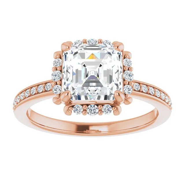 Cubic Zirconia Engagement Ring- The Agatha (Customizable Asscher Cut Style with Halo and Thin Shared Prong Band)