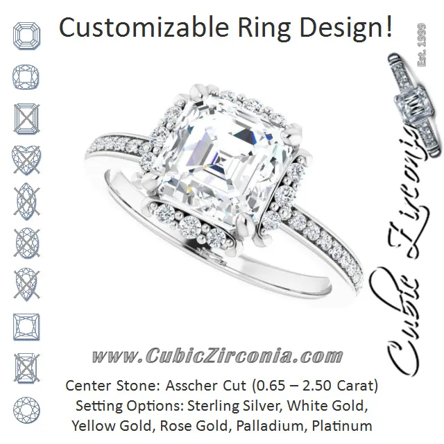 Cubic Zirconia Engagement Ring- The Agatha (Customizable Asscher Cut Style with Halo and Thin Shared Prong Band)