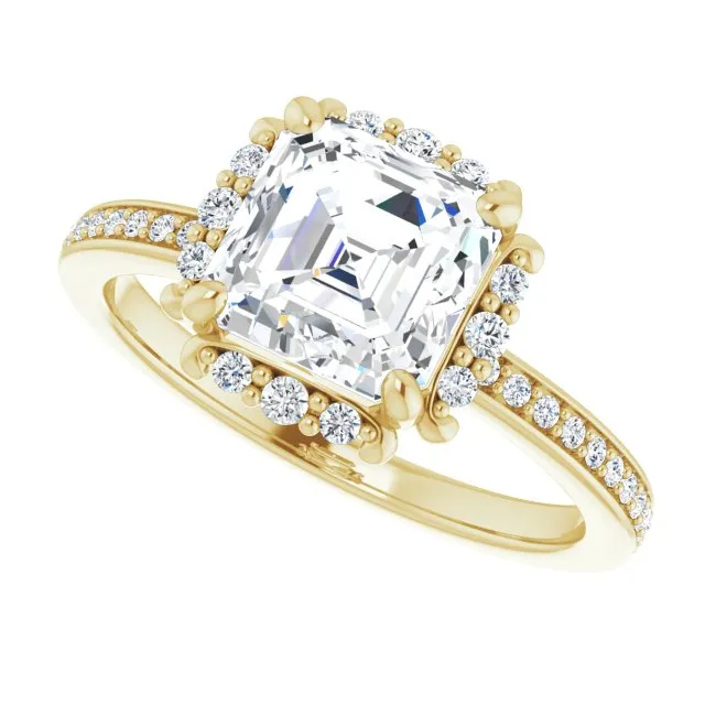 Cubic Zirconia Engagement Ring- The Agatha (Customizable Asscher Cut Style with Halo and Thin Shared Prong Band)