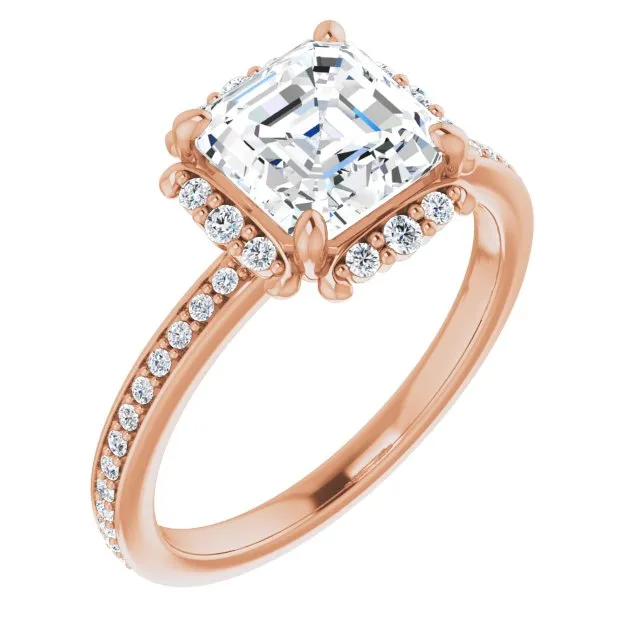 Cubic Zirconia Engagement Ring- The Agatha (Customizable Asscher Cut Style with Halo and Thin Shared Prong Band)