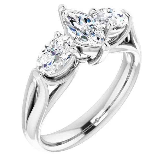 Cubic Zirconia Engagement Ring- The Alondra (Customizable Cathedral-set 3-stone Marquise Cut Style with Dual Oval Cut Accents & Wide Split Band)