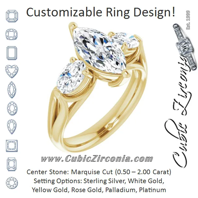 Cubic Zirconia Engagement Ring- The Alondra (Customizable Cathedral-set 3-stone Marquise Cut Style with Dual Oval Cut Accents & Wide Split Band)