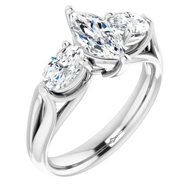 Cubic Zirconia Engagement Ring- The Alondra (Customizable Cathedral-set 3-stone Marquise Cut Style with Dual Oval Cut Accents & Wide Split Band)