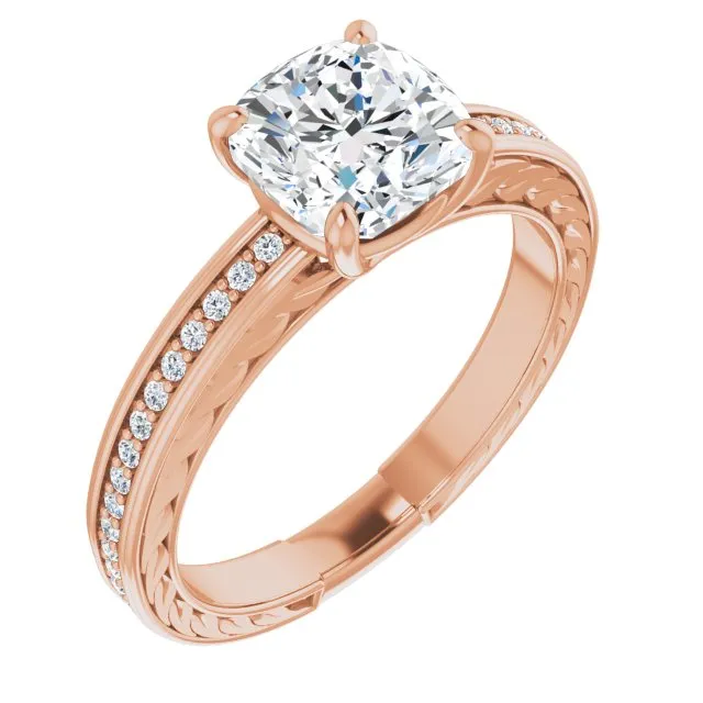 Cubic Zirconia Engagement Ring- The Angie (Customizable Cushion Cut Design with Rope-Filigree Hammered Inlay & Round Channel Accents)