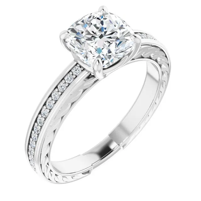 Cubic Zirconia Engagement Ring- The Angie (Customizable Cushion Cut Design with Rope-Filigree Hammered Inlay & Round Channel Accents)