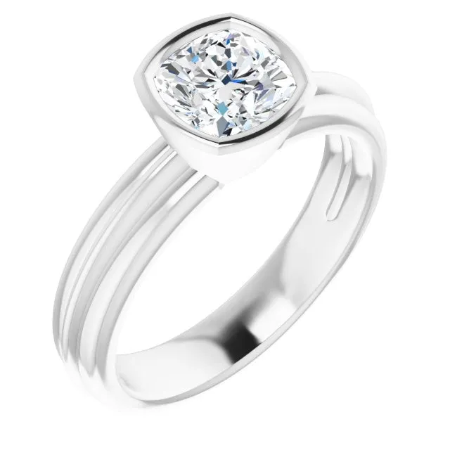 Cubic Zirconia Engagement Ring- The Aretha (Customizable Bezel-set Cushion Cut Solitaire with Grooved Band)