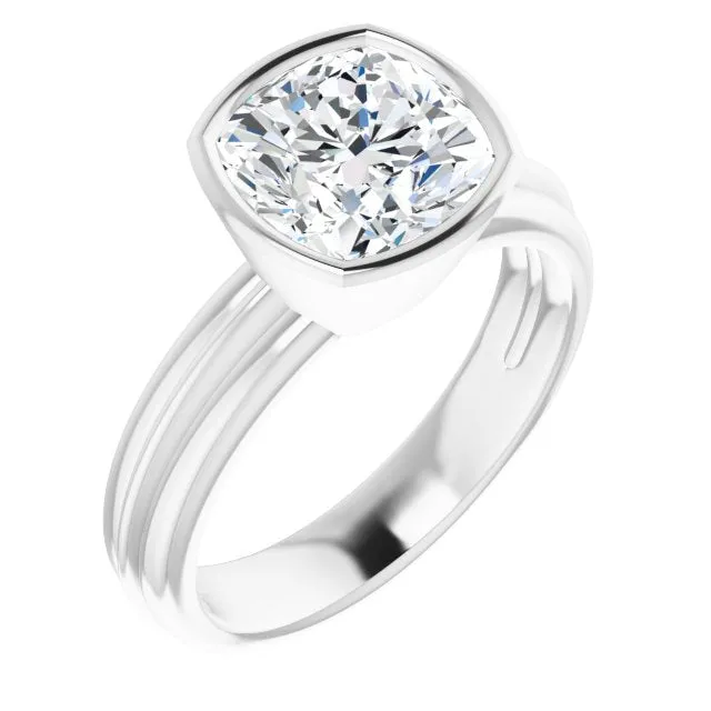 Cubic Zirconia Engagement Ring- The Aretha (Customizable Bezel-set Cushion Cut Solitaire with Grooved Band)