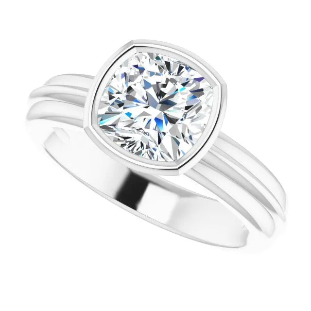 Cubic Zirconia Engagement Ring- The Aretha (Customizable Bezel-set Cushion Cut Solitaire with Grooved Band)