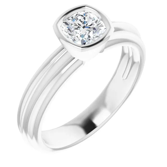 Cubic Zirconia Engagement Ring- The Aretha (Customizable Bezel-set Cushion Cut Solitaire with Grooved Band)