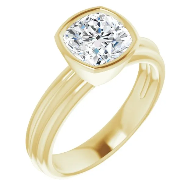 Cubic Zirconia Engagement Ring- The Aretha (Customizable Bezel-set Cushion Cut Solitaire with Grooved Band)