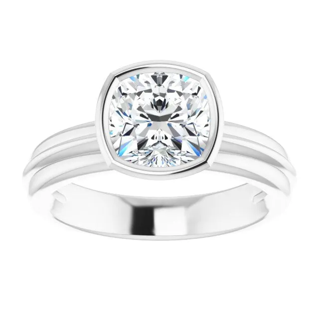 Cubic Zirconia Engagement Ring- The Aretha (Customizable Bezel-set Cushion Cut Solitaire with Grooved Band)