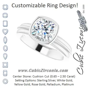 Cubic Zirconia Engagement Ring- The Aretha (Customizable Bezel-set Cushion Cut Solitaire with Grooved Band)