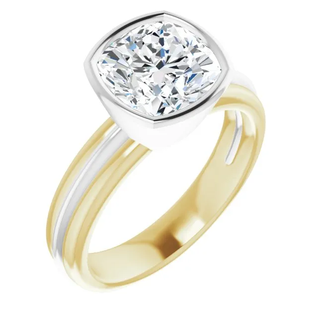 Cubic Zirconia Engagement Ring- The Aretha (Customizable Bezel-set Cushion Cut Solitaire with Grooved Band)