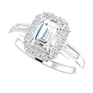 Cubic Zirconia Engagement Ring- The Azariah (Customizable Cathedral Radiant Cut Design with Halo and Straight Baguettes)