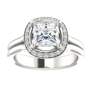 Cubic Zirconia Engagement Ring- The Bebi (Customizable Cathedral-Halo Princess Cut Design with Wide Split Band)