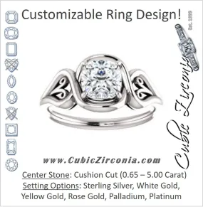 Cubic Zirconia Engagement Ring- The Bentley (Customizable Cushion Cut Solitaire with Wide Tapered Band and Side Engraving Motif)