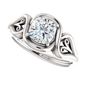 Cubic Zirconia Engagement Ring- The Bentley (Customizable Cushion Cut Solitaire with Wide Tapered Band and Side Engraving Motif)