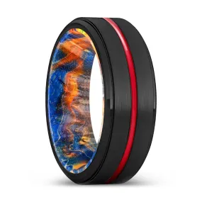 CYCLONE | Blue & Yellow/Orange Wood, Black Tungsten Ring, Red Groove, Stepped Edge