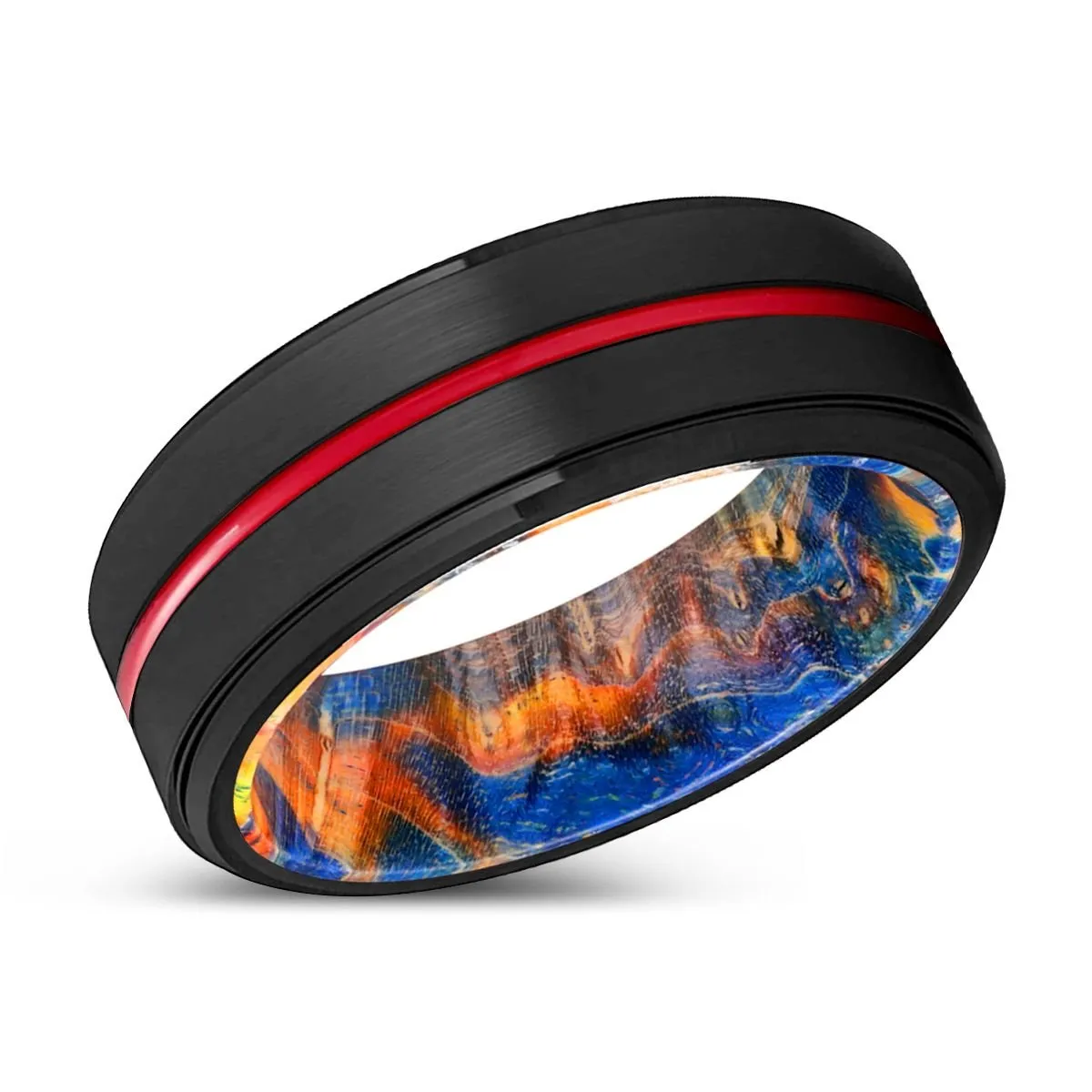 CYCLONE | Blue & Yellow/Orange Wood, Black Tungsten Ring, Red Groove, Stepped Edge