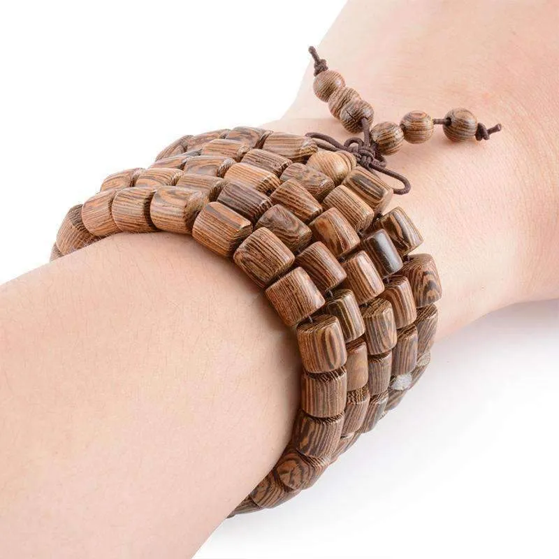 Cylindrical Wenge Wood Prayer Mala Beads Tibetan Buddhist Bracelet