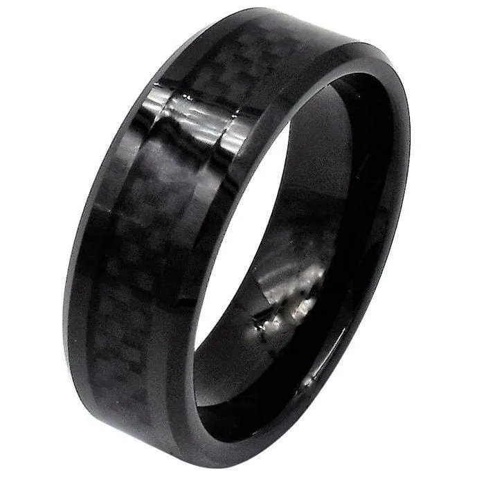 Devon Black Tungsten Wedding Band With Stunning Black Carbon Fiber Inlay 8mm