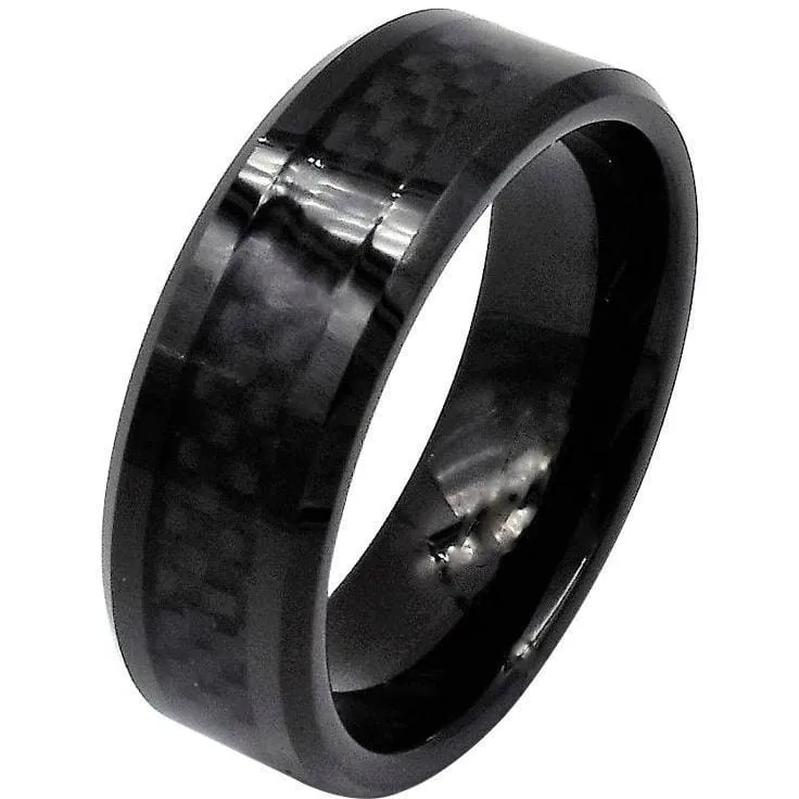 Devon Black Tungsten Wedding Band With Stunning Black Carbon Fiber Inlay 8mm