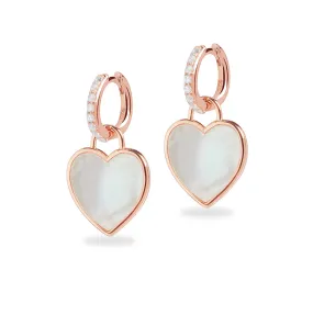 Diamond Crystal Huggie and Mother Of Pearl Heart Charm Rose Gold Earring Set