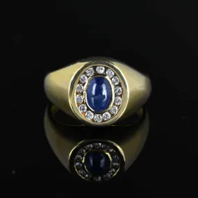 Diamond Halo Sapphire Cabochon Signet Ring in 14K Gold