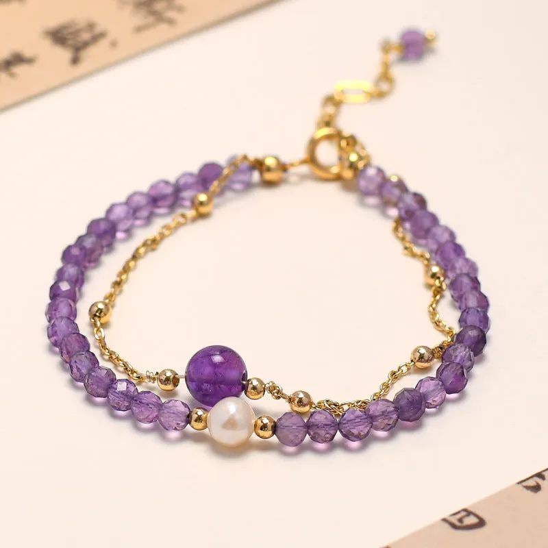 Elegant 4MM Cut Amethyst Double-layered Bracelet with Pearl Crystal - Perfect Gift for Girls