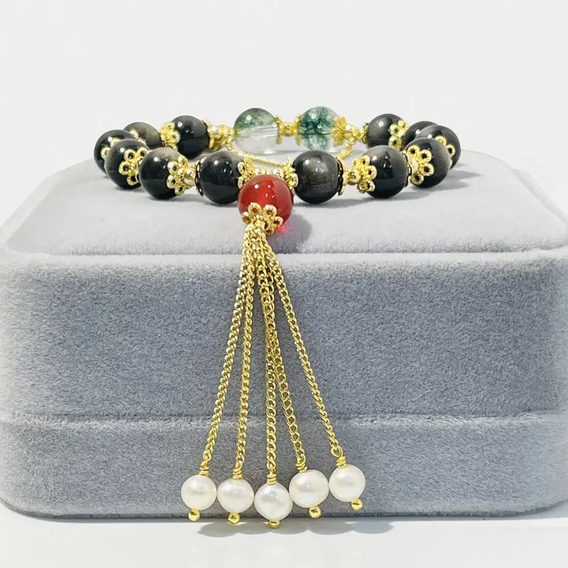 Elegant Chinese Style Sterling Silver Crystal Obsidian Beaded Bracelet with Tassel Pearl