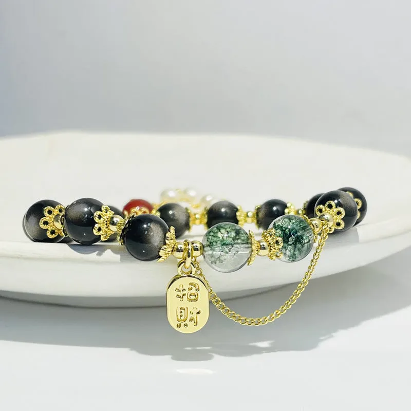 Elegant Chinese Style Sterling Silver Crystal Obsidian Beaded Bracelet with Tassel Pearl