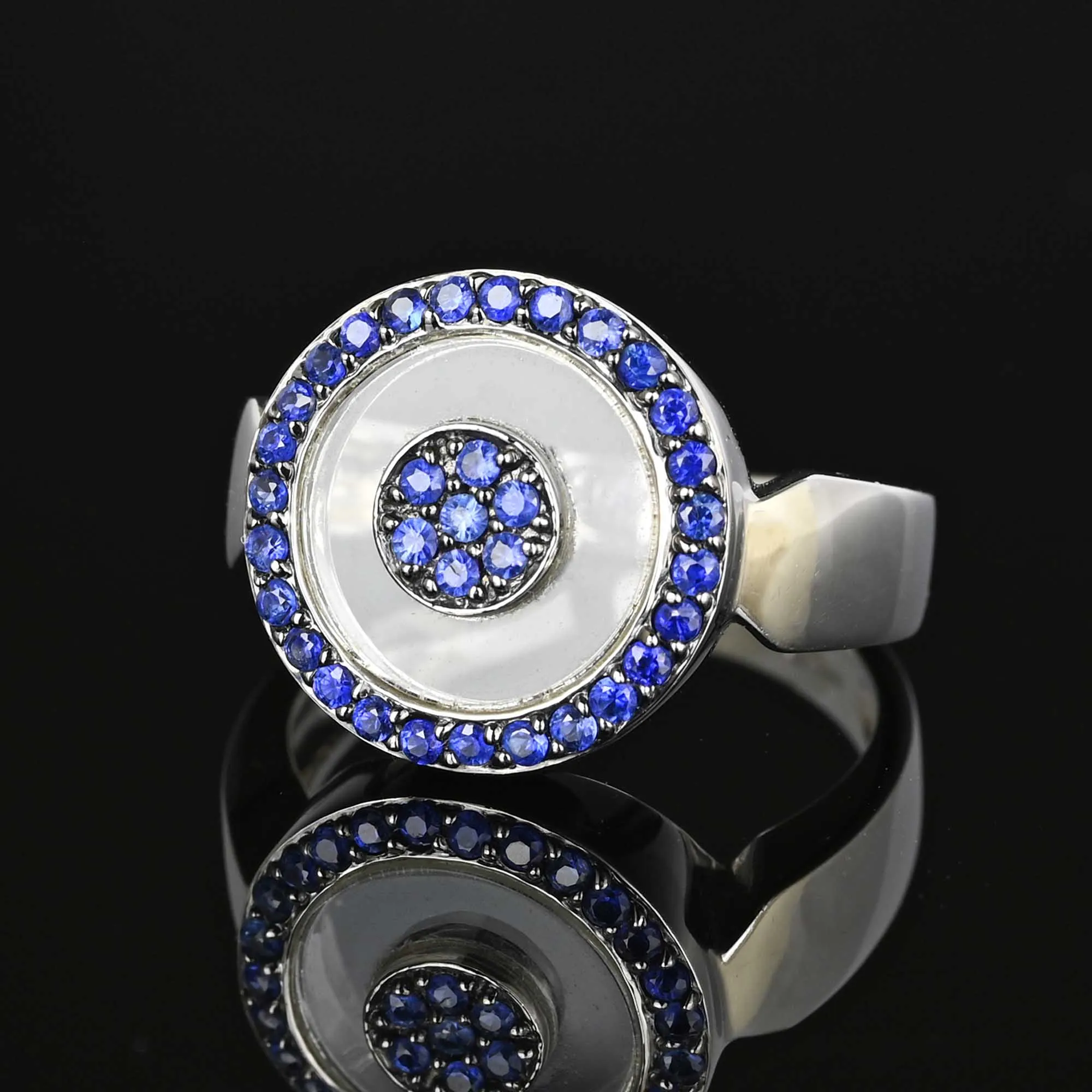 Elegant Crystal Sapphire Target Ring 14K White Gold