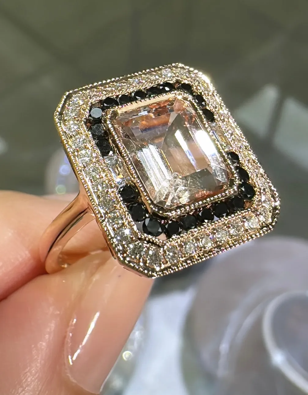 Emerald Cut Morganite & Black and White Diamond Ring