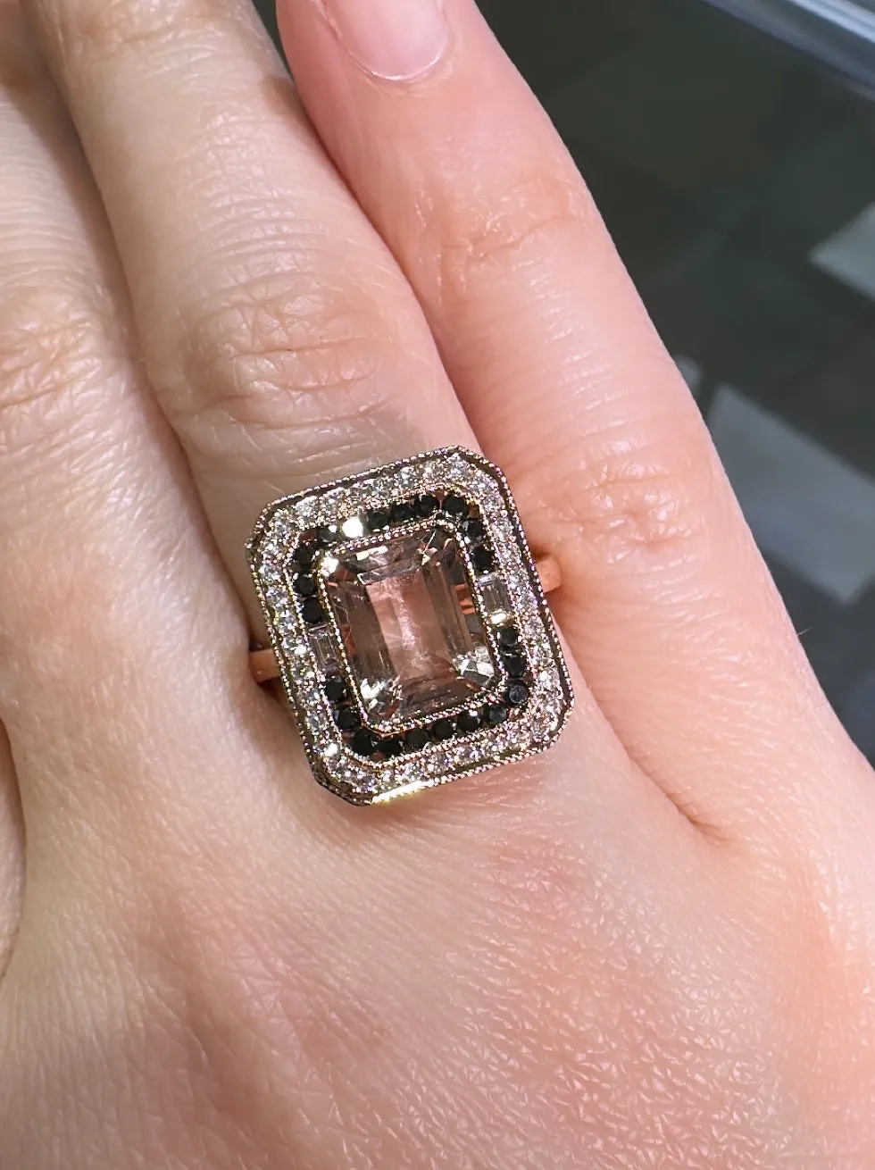 Emerald Cut Morganite & Black and White Diamond Ring