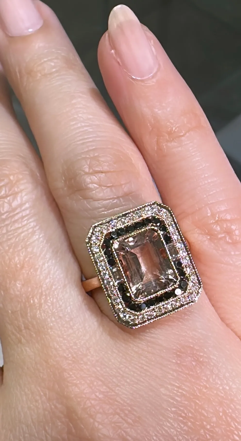 Emerald Cut Morganite & Black and White Diamond Ring