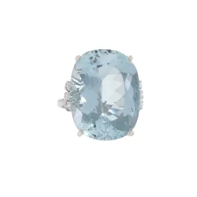 Estate Retro Era 18KT White Gold Natural Aquamarine And Diamond Ring