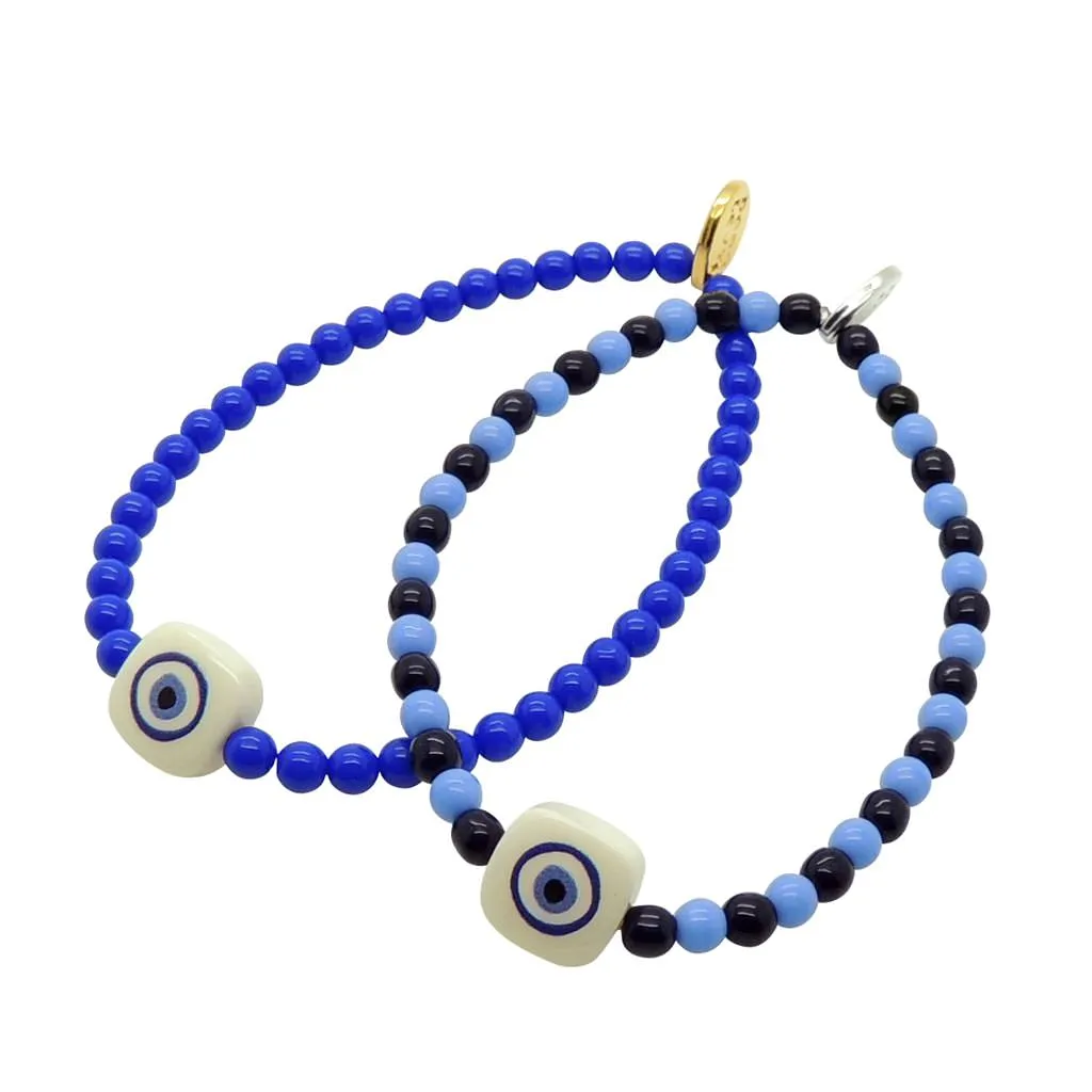 Evil Eye Chiclet Charm Two Tone Glass Bead Bracelet