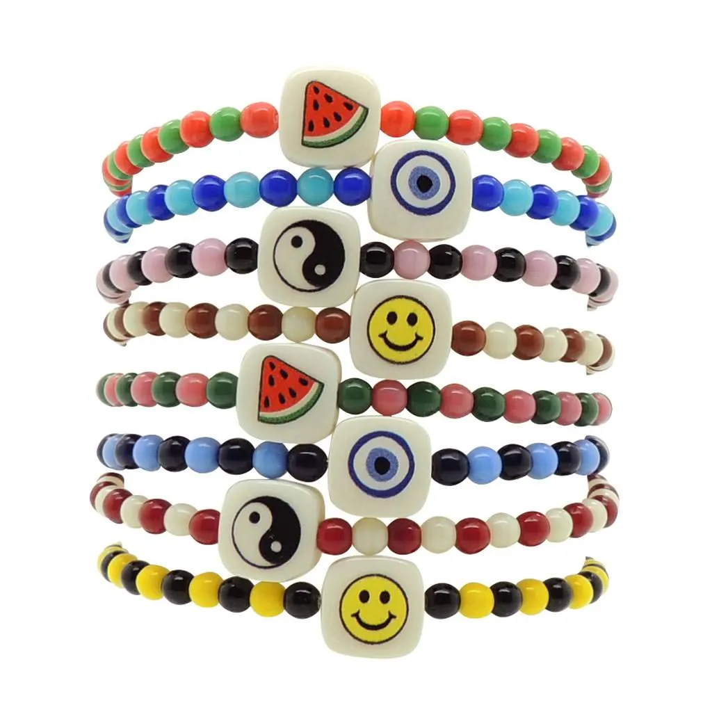 Evil Eye Chiclet Charm Two Tone Glass Bead Bracelet