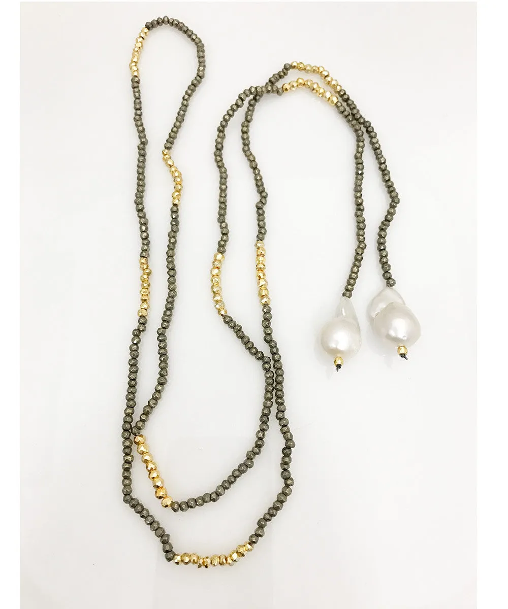 Facetted Pyrite Lariat with Baroque Pearls