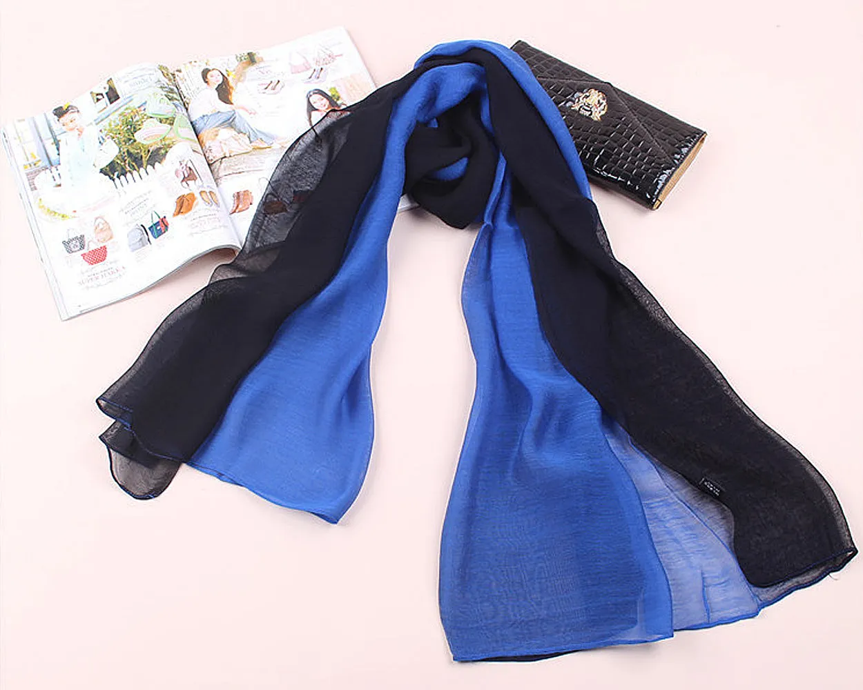 Fashion Summer Silk Scarf Gradient Shawl Wrap for Women Ladies - Blue