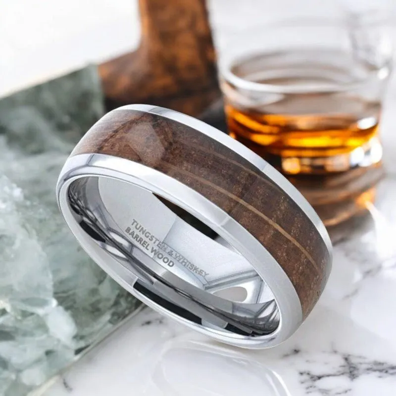 FORMENT | Silver Tungsten Ring, Whiskey Barrel Inlay, Domed Polished Edges