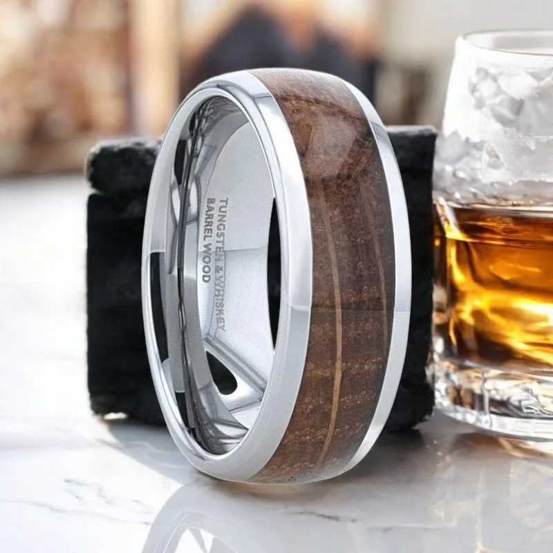 FORMENT | Silver Tungsten Ring, Whiskey Barrel Inlay, Domed Polished Edges