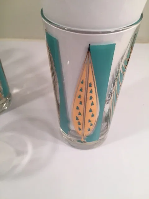 Fred Press Signed Mid-Century 22-Karat Gold & Blue Leaf Tall and Whiskey Glasses (Set of 4 tall glasses & 4 whiskey glasses)