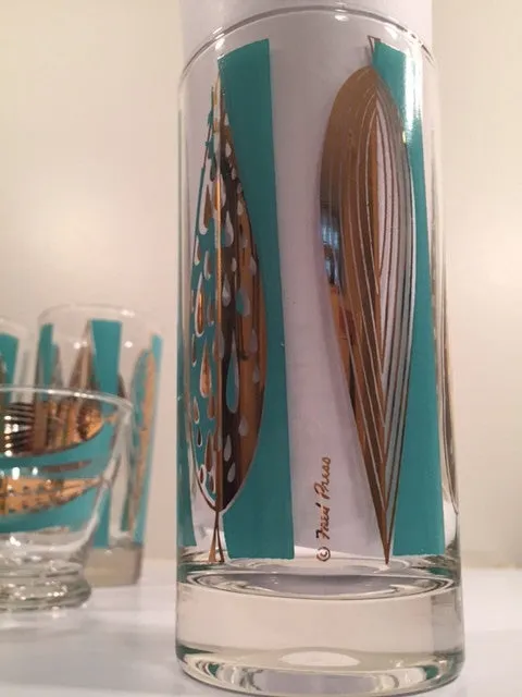 Fred Press Signed Mid-Century 22-Karat Gold & Blue Leaf Tall and Whiskey Glasses (Set of 4 tall glasses & 4 whiskey glasses)