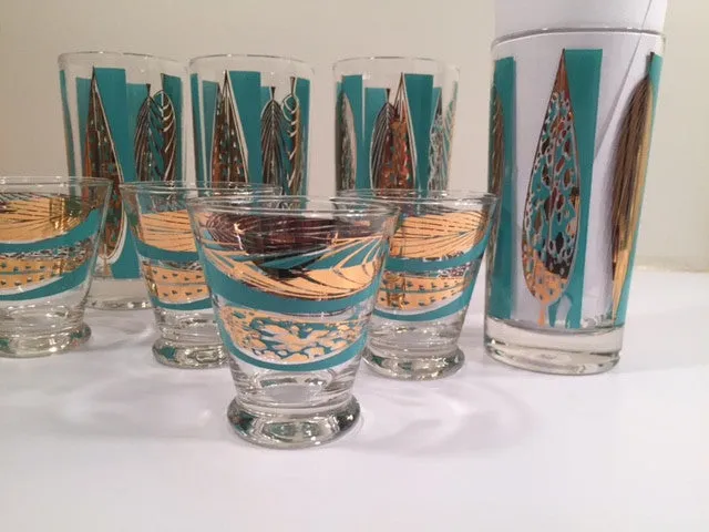 Fred Press Signed Mid-Century 22-Karat Gold & Blue Leaf Tall and Whiskey Glasses (Set of 4 tall glasses & 4 whiskey glasses)