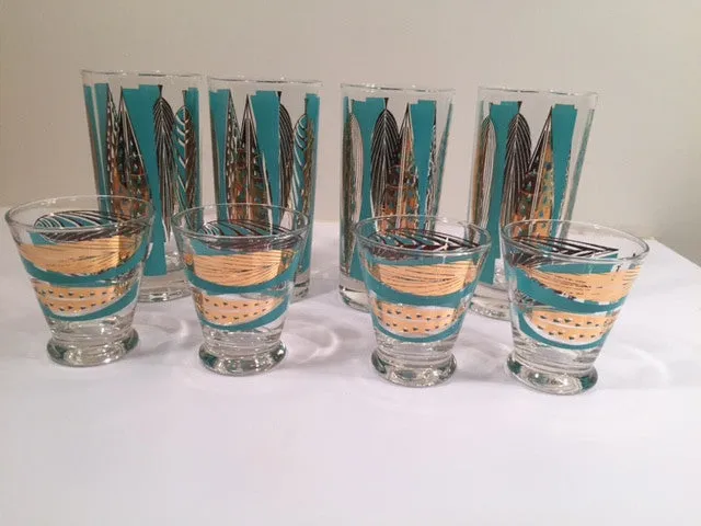 Fred Press Signed Mid-Century 22-Karat Gold & Blue Leaf Tall and Whiskey Glasses (Set of 4 tall glasses & 4 whiskey glasses)