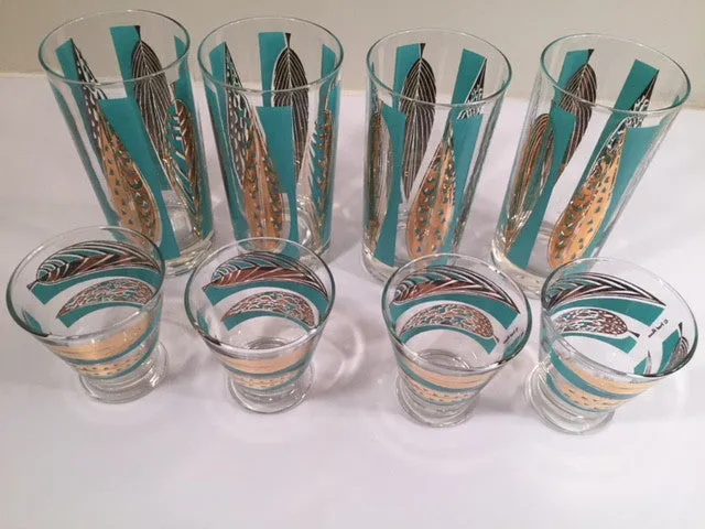 Fred Press Signed Mid-Century 22-Karat Gold & Blue Leaf Tall and Whiskey Glasses (Set of 4 tall glasses & 4 whiskey glasses)