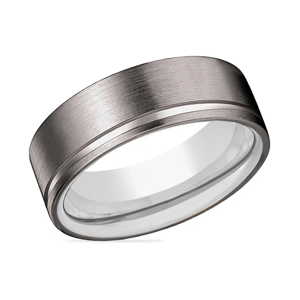 FROST | Silver Ring, Gunmetal Tungsten Offset Groove