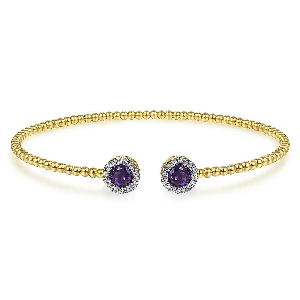 Gabriel & Co. 14K Yellow Gold Round Amethyst and Diamond Halo Bujukan Bangle