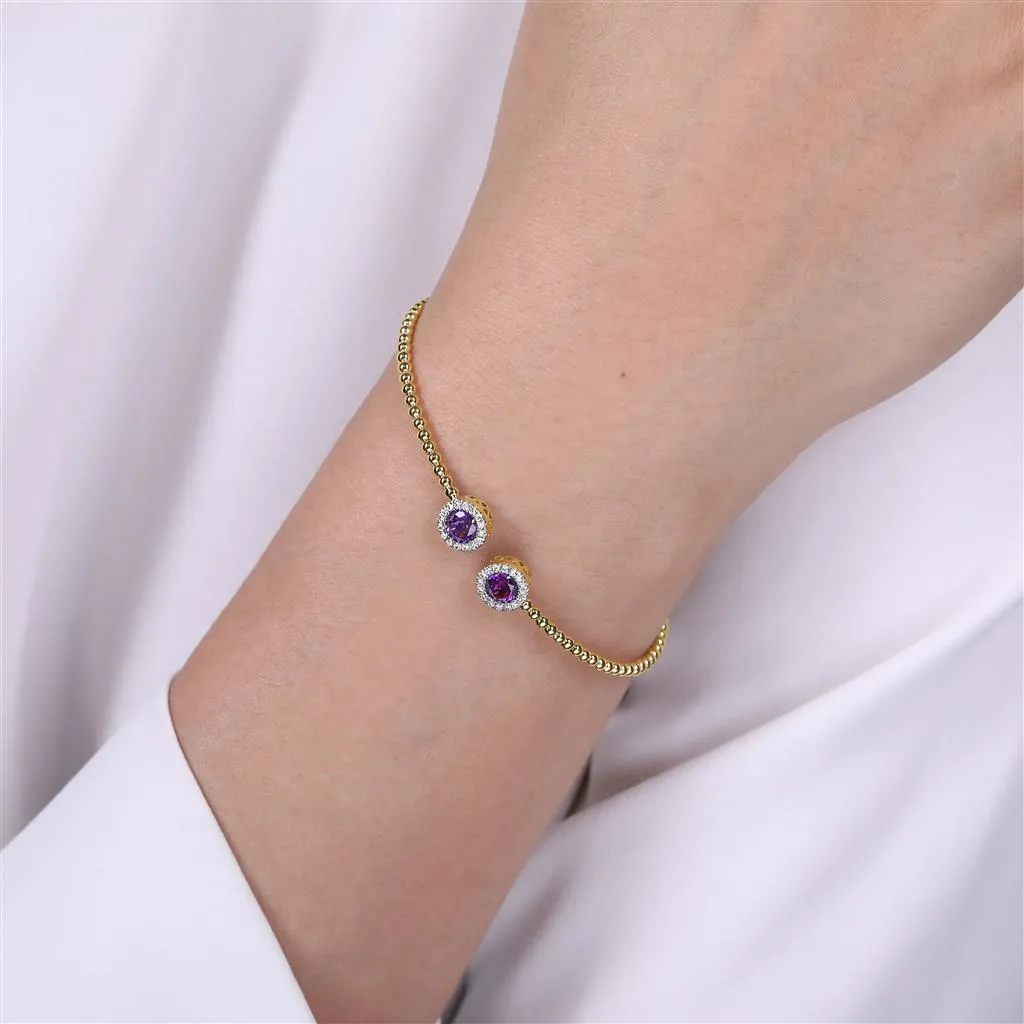 Gabriel & Co. 14K Yellow Gold Round Amethyst and Diamond Halo Bujukan Bangle